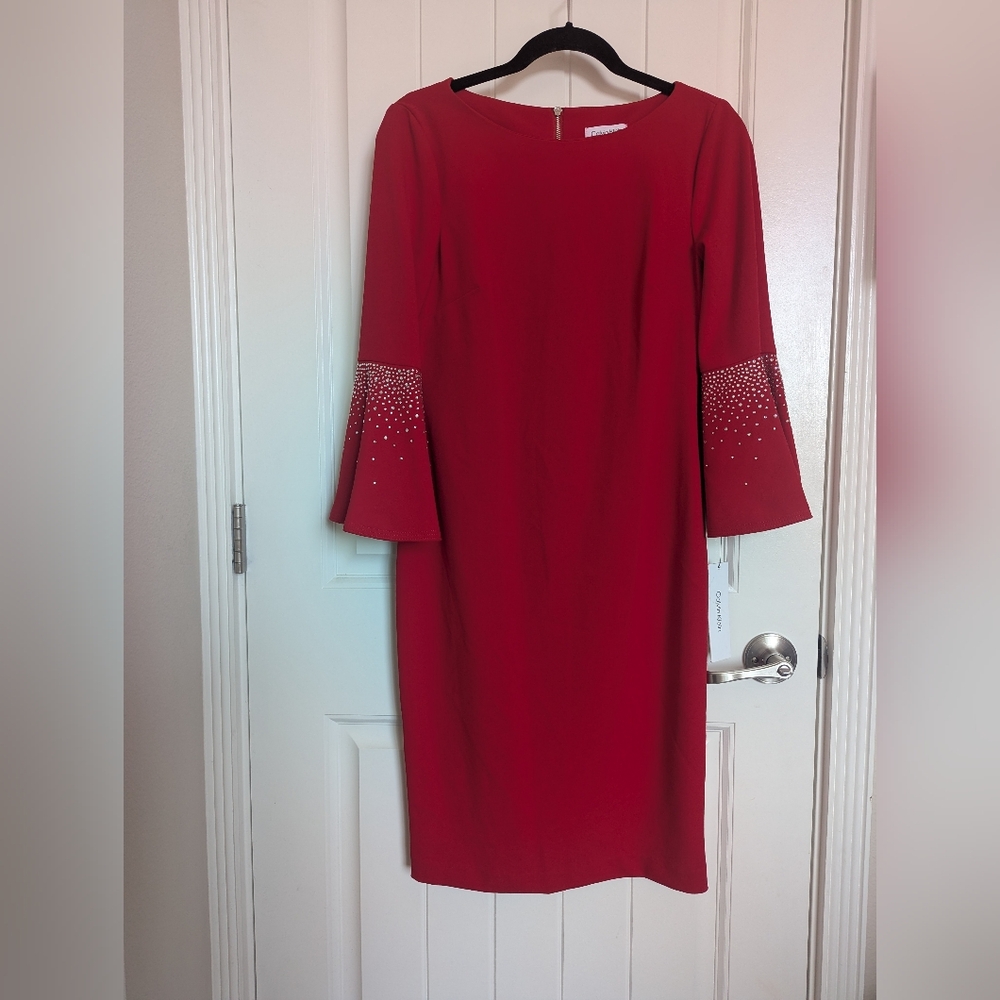 Calvin Klein Red Sheath Dress with Bell Sleeves